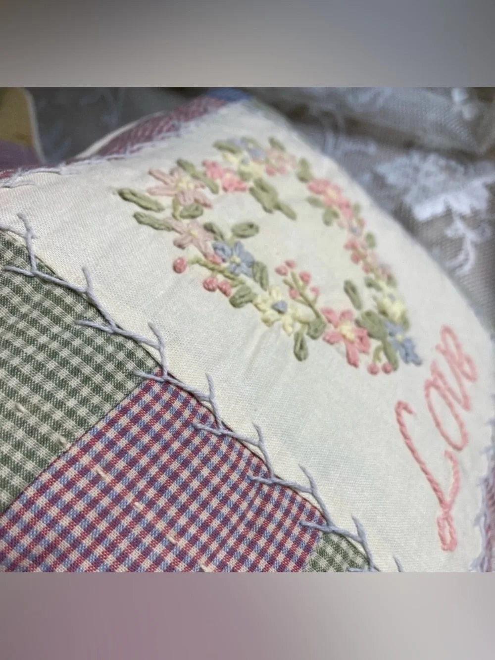 Set of 3 Primitive Quilted Embroidered Pastel Patchwork Decorative Pillows 9”x8”